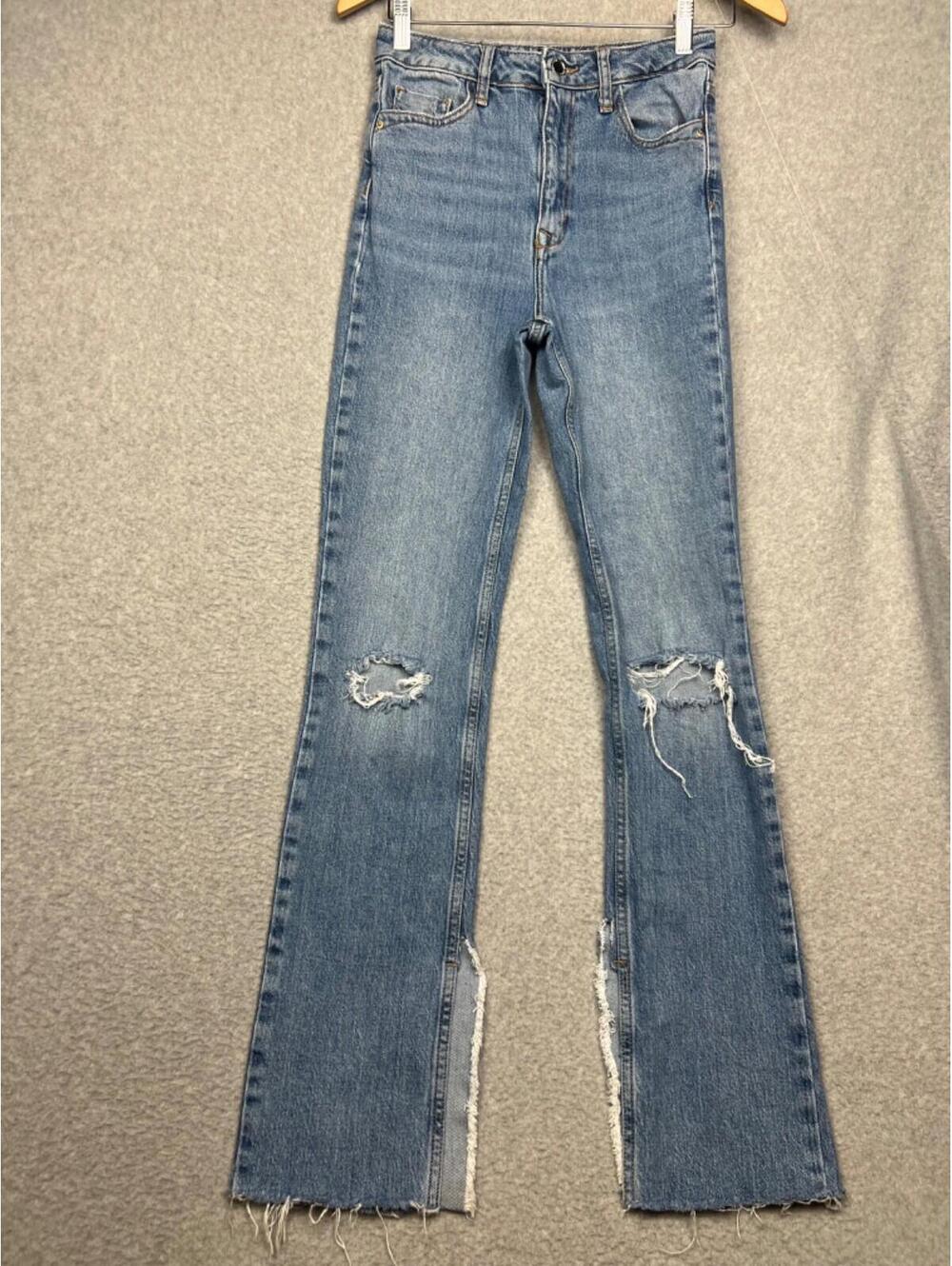 Zara Straight High Rise Jeans Womens 2 Denim Distressed Mid Wash Minimalist